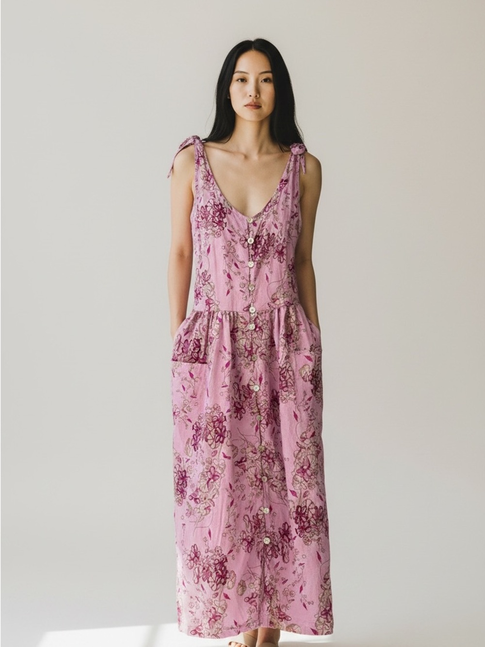 April Cornell Pink Floral Tie-Shoulder Button-Front Maxi Dress